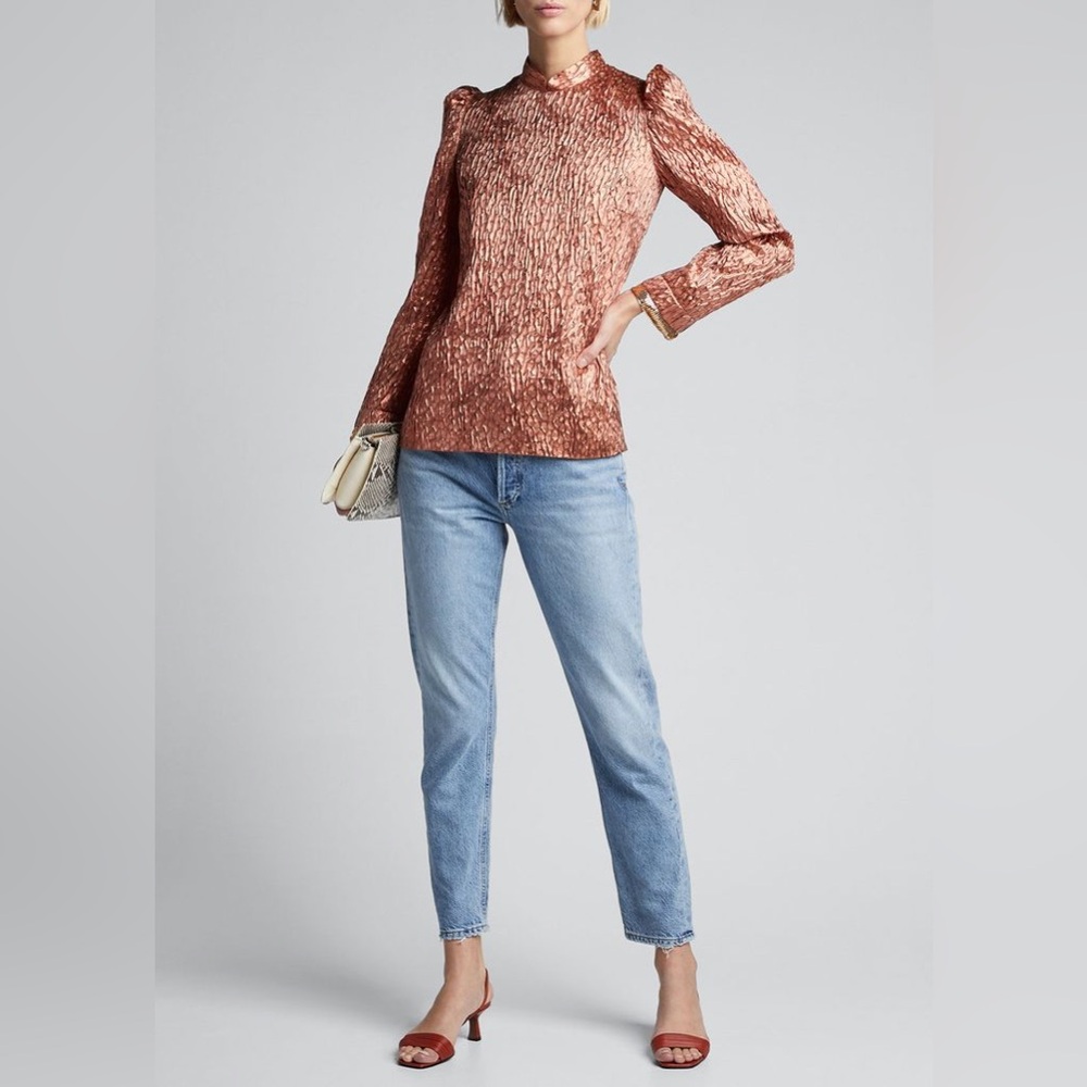 Rachel Comey Bar Top Crinkled Silk Copper Metallic Puff Sleeve Size 10 NEW
